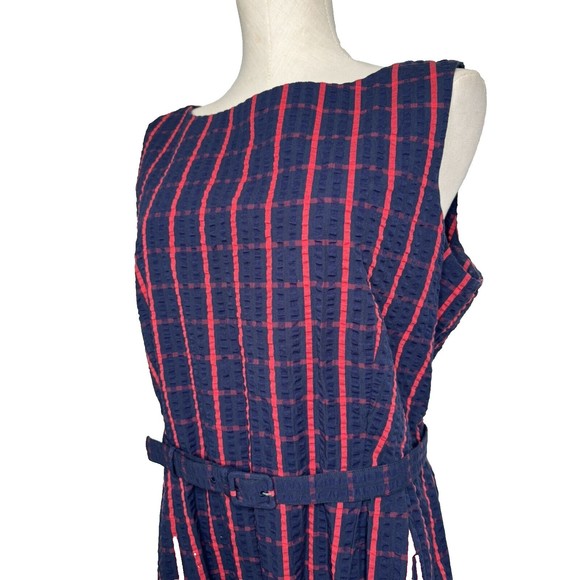 L.L. Bean Red & Blue Check Seer Sucker Sleeveless Dress Belted Size 16 - Picture 5 of 11